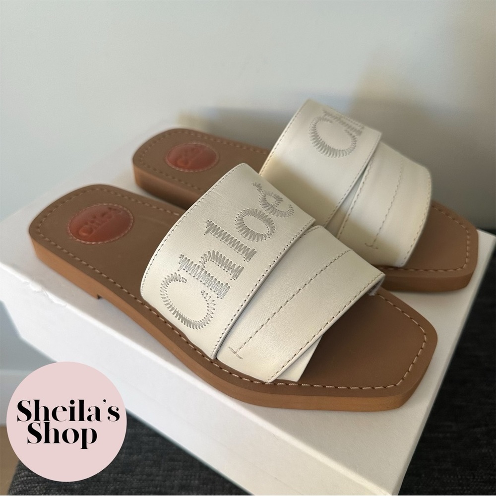 NIB Chloe Woody Logo-Embroidered White Leather Slide Sandals Size 37